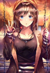 Rule 34 | 1girl, bare shoulders, beanie, black camisole, black jacket, blue eyes, blush, brown hair, brown hat, building, camisole, camisole over clothes, candy, chain, chain-link fence, collarbone, commentary request, dress, fence, food, hair between eyes, hands up, hat, highres, holding, holding candy, holding food, holding lollipop, jacket, lollipop, long hair, long sleeves, looking at viewer, off-shoulder dress, off shoulder, open clothes, open jacket, original, outdoors, parted lips, sitting, sleeves past wrists, solo, striped clothes, striped dress, sunset, tsukasa tsubasa