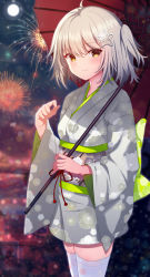 Rule 34 | 1girl, absurdres, arknights, bad id, bad pixiv id, blurry, blurry background, brown eyes, chinese commentary, commentary request, eyes visible through hair, fireworks, hair between eyes, hair ornament, hand up, highres, holding, holding umbrella, huge filesize, japanese clothes, kimono, long sleeves, looking at viewer, moon, red umbrella, scene (arknights), short hair, short kimono, short yukata, smile, solo, umbrella, white legwear, wide sleeves, wing228, yukata