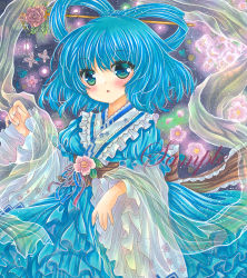 Rule 34 | 1girl, :o, adapted costume, blue dress, blue eyes, blue hair, blush, breasts, commentary request, cowboy shot, dress, embellished costume, floral background, floral print, flower, flower request, frills, hagoromo, hair ornament, hair rings, hair stick, hand up, kaku seiga, looking at viewer, marker (medium), medium breasts, open mouth, pink flower, pink rose, puffy short sleeves, puffy sleeves, rose, rui (sugar3), sample watermark, see-through, shawl, short hair, short sleeves, solo, standing, touhou, traditional media, watermark, wide sleeves