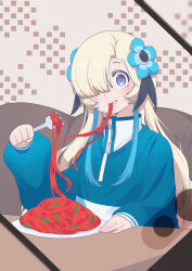 Rule 34 | 1girl, absurdres, blonde hair, blue hair, blue sweater, blush, brown background, commentary request, daradara art, eating, fake phone screenshot, fake screenshot, flower, food, food on face, fork, grey eyes, hair flower, hair ornament, hair over one eye, hand up, highres, holding, holding fork, isekai joucho, jacket, kamitsubaki studio, layered clothes, long hair, long sleeves, looking at viewer, multicolored hair, napolitan, one eye covered, pasta, puffy long sleeves, puffy sleeves, raised eyebrows, solo, spaghetti, streaked hair, surprised, sweat, sweater, table, turtleneck, upper body, virtual youtuber, white jacket, white sweater, wide-eyed, zipper, zipper pull tab