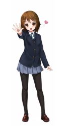 Rule 34 | 1girl, :d, black pantyhose, blazer, blush, body writing, brown eyes, brown hair, dress shirt, foreshortening, full body, gotou hisashi, hair ornament, hairclip, heart, highres, hirasawa yui, jacket, k-on!, loafers, long sleeves, looking at viewer, neck ribbon, open mouth, outstretched arm, pantyhose, pleated skirt, ribbon, school uniform, shirt, shoes, short hair, simple background, skirt, smile, solo, white background, wing collar