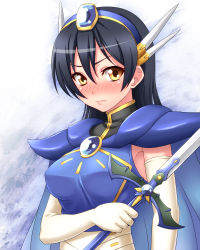 Rule 34 | 10s, 1girl, black hair, blue hairband, blush, brown eyes, cosplay, elbow gloves, gloves, hairband, long hair, love live!, love live! school idol project, magic knight rayearth, name connection, official alternate costume, ryuuzaki umi, ryuuzaki umi (cosplay), solo, sonoda umi, standing, surume (clavis), sword, weapon