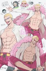 Rule 34 | 1girl, 4boys, abs, black coat, black hair, blonde hair, blood, blood on face, capri pants, chest tattoo, chibi, chibi inset, clenched teeth, closed eyes, coat, collarbone, commentary, denim, donquixote doflamingo, earrings, evil smile, facial hair, feather coat, goatee, grin, hand on another&#039;s neck, hat, height difference, holding, holding sword, holding weapon, injury, issho (fujitora), jeans, jewelry, katana, leg hair, looking at another, monet (one piece), multiple boys, muscular, muscular male, nashieda, navel, nipples, one piece, open clothes, open mouth, pants, pectorals, pink coat, purple-tinted eyewear, shirt, shoes, short hair, sitting, sitting on person, smile, sunglasses, sword, symbol-only commentary, tattoo, teeth, thread, tinted eyewear, tongue, tongue out, trafalgar law, translation request, vergo, weapon, white-framed eyewear, white shirt, yellow eyes