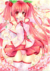 Rule 34 | 1girl, alternate color, alternate hair color, cherry, cherry blossoms, detached sleeves, food, fruit, hatsune miku, headphones, long hair, name connection, necktie, object namesake, panties, petals, pink eyes, pink hair, sakura miku, shinonome86, skirt, smile, solo, striped clothes, striped panties, thighhighs, twintails, underwear, very long hair, vocaloid
