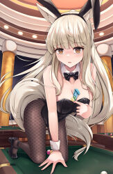 Rule 34 | 1girl, alternate costume, animal ears, arknights, bare arms, bare shoulders, between breasts, black footwear, black leotard, blonde hair, blunt bangs, breasts, brown eyes, cleavage, commentary request, fake animal ears, fishnet pantyhose, fishnets, highres, horse ears, indoors, kneeling, leotard, long hair, looking at viewer, lungmen dollar, medium breasts, pantyhose, parted lips, platinum (arknights), playboy bunny, poker chip, pool table, rabbit ears, solo, strapless, strapless leotard, table, tail, thighs, very long hair, wrist cuffs, ws snow