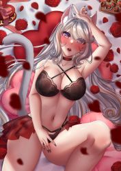 Rule 34 | 1girl, absurdres, animal ear fluff, animal ears, bed, blush, breasts, cat ears, cat girl, cat tail, chocolate, chocolate covered strawberry, highres, indie virtual youtuber, lingerie, long hair, looking at viewer, lying, nail polish, navel, nekomancer, nekomancervt, persephone, petals, purple eyes, rose petals, solo, surprised, tail, underwear, valentines chocolate, virtual youtuber, white hair, yellow eyes
