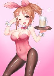 Rule 34 | 10s, 1girl, ;d, abe nana, alcohol, animal ears, bare shoulders, beer, beer mug, blush, bow, bowtie, breasts, brown eyes, brown hair, rabbit tail, cleavage, cup, detached collar, doyouwantto, fishnet pantyhose, fishnets, hair ribbon, heart, idolmaster, idolmaster cinderella girls, large breasts, leotard, mug, one eye closed, open mouth, pantyhose, playboy bunny, ponytail, ribbon, short hair, smile, solo, tail, tray, v, v over eye, wrist cuffs