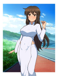 Rule 34 | 1girl, absurdres, blush, breasts, brown eyes, brown hair, closed mouth, covered navel, dress, highres, impossible clothes, josephscrand, kyochuu rettou, large breasts, long hair, looking at viewer, oribe mutsumi, outdoors, pants, sky, smile, solo, vietnamese clothes, vietnamese dress, white dress, white pants