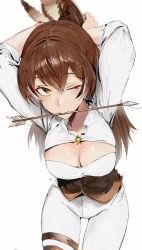 Rule 34 | 1girl, absurdres, ahoge, arrow (projectile), arrow in mouth, breasts, brown corset, brown eyes, brown hair, cleavage, cleavage cutout, clothing cutout, colored eyelashes, corset, feather hair ornament, feathers, hair ornament, hairclip, highres, hololive, hololive english, long hair, looking at viewer, mouth hold, multicolored hair, nanashi mumei, odyssey 21, one eye closed, pants, ponytail, shirt, streaked hair, thigh strap, tying hair, very long hair, virtual youtuber, white pants, white shirt