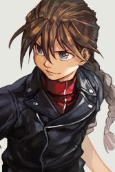 Rule 34 | 1boy, black jacket, blouse, blue eyes, braid, braided ponytail, brown hair, closed mouth, duo maxwell, grey background, gundam, gundam wing, hair between eyes, hungry clicker, jacket, leather, leather jacket, long hair, male focus, ponytail, red shirt, shirt, short sleeves, simple background, single braid, smile, solo, upper body