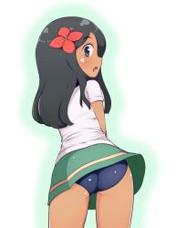 Rule 34 | 1girl, :o, a-ktoo, alternate color, ass, black hair, blue eyes, blue panties, blush, cowboy shot, creatures (company), dark-skinned female, dark skin, eyelashes, facing away, flower, from behind, game freak, green skirt, hair flower, hair ornament, highres, lass (pokemon), long hair, looking at viewer, looking back, miniskirt, nintendo, npc trainer, open mouth, outline, panties, pokemon, pokemon sm, shiny skin, shirt, short sleeves, simple background, skirt, solo, standing, swimsuit, swimsuit under clothes, tareme, tongue, underwear, white background, white shirt