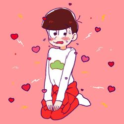 Rule 34 | 10s, 1boy, artist request, bad id, bad twitter id, blush, brown hair, clothes around waist, heart, jacket, jacket around waist, male focus, matsuno osomatsu, osomatsu-kun, osomatsu-san, osomatsu (series), pants, pink background, red pants, seiza, simple background, sitting, smile, socks, solo