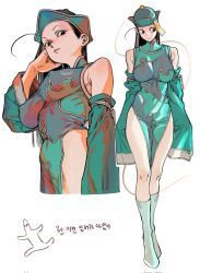 Rule 34 | 1girl, aqua dress, arms at sides, bare shoulders, black hair, breasts, china dress, chinese clothes, covered erect nipples, cropped torso, detached sleeves, dress, genderswap, genderswap (mtf), green dress, hand up, hat, highres, hunter x hunter, hxhjjjj h 9, illumi zoldyck, impossible clothes, kneehighs, korean commentary, large breasts, long hair, looking at viewer, looking down, looking to the side, multiple views, no shoes, pelvic curtain, qingdai guanmao, sideways glance, simple background, sleeves past fingers, sleeves past wrists, socks, standing, tight clothes, tight dress, white background, white socks