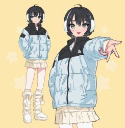 Rule 34 | 1girl, black hair, blue eyes, blush, boots, coat, earmuffs, guriming, hands in pockets, highres, lipstick, long sleeves, makeup, mole, mole under eye, multiple views, original, pink nails, procreate (medium), short hair, simple background, solo, white coat, yellow background