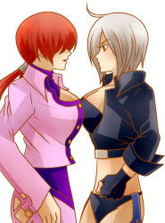 Rule 34 | 2girls, ahoge, angel (kof), bad id, bad pixiv id, breast press, breasts, chaps, cleavage, cleavage cutout, clothing cutout, cropped jacket, fatal fury, fingerless gloves, gloves, good bye esaka, hair over eyes, large breasts, lipstick, makeup, miniskirt, multiple girls, ponytail, red hair, shermie (kof), short hair, silver hair, skirt, snk, symmetrical docking, the king of fighters