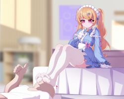 Rule 34 | 1boy, 1girl, absurdres, bed, blonde hair, blush, feet, highres, long hair, red eyes, soles, thighhighs, thumbs up, toes, twintails, white thighhighs, yao (pixiv9482697)