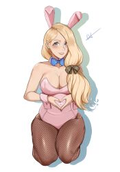 Rule 34 | 1girl, absurdres, animal ears, black bow, blonde hair, blue eyes, bow, breasts, cleavage, commentary, deliciousbrain, fake animal ears, fire emblem, fire emblem: three houses, fishnet pantyhose, fishnets, grin, hair bow, heart, heart hands, highres, large breasts, leotard, long hair, looking at viewer, mercedes von martritz, nintendo, pantyhose, pink leotard, playboy bunny, rabbit ears, seiza, sitting, smile, solo, strapless, strapless leotard, thighs, white background