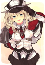 Rule 34 | 1girl, anchor, black gloves, blonde hair, capelet, coffee pot, commentary request, cross, gloves, gradient background, graf zeppelin (kancolle), green eyes, hair between eyes, hat, highres, iron cross, kantai collection, long hair, long sleeves, looking at viewer, military, military hat, military uniform, miniskirt, mizuyoukan (mikususannda), necktie, open mouth, pantyhose, peaked cap, sidelocks, skirt, smile, solo, standing, twintails, uniform, white hat, yellow background