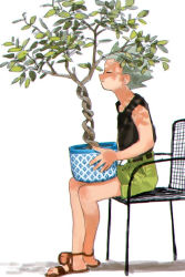Rule 34 | 1boy, bad id, bad pixiv id, chair, child, closed eyes, flower pot, gon freecss, green hair, hunter x hunter, male focus, plant, sandals, shorts, sitting, sleeveless, smile, solo, torohiko, white background