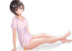 Rule 34 | 1girl, alternate costume, arm support, barefoot, bikini, bikini under clothes, black hair, blouse, blue eyes, bob cut, breasts, commentary request, crossed ankles, halterneck, highres, hololive, leaning back, looking at viewer, no pants, oozora halu, oozora subaru, orange bikini, outstretched legs, partial commentary, shadow, shirt, short hair, short sleeves, side-tie bikini bottom, simple background, sitting, small breasts, smile, solo, swimsuit, toenails, virtual youtuber, white background, white shirt
