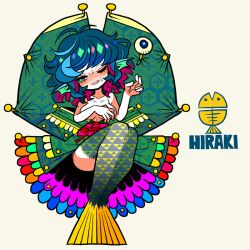 Rule 34 | 1girl, clothes down, covering privates, covering breasts, fins, floral print, frilled kimono, frills, green eyes, green kimono, head fins, japanese clothes, kikkoumon, kimono, mermaid, monster girl, multicolored hair, obi, one eye closed, pin, pinned, purple hair, ribbon, sash, solo, sweat, tail censor, touhou, two-tone hair, uroko (pattern), wakasagihime, yt (wai-tei)