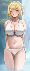 Rule 34 | 1girl, absurdres, arms behind back, bare shoulders, bikini, blonde hair, blush, braid, breasts, cleavage, collarbone, crown braid, grin, highres, large breasts, looking at viewer, medium hair, navel, nue no onmyouji, one side up, ponytail, revision, skindentation, smile, solo, stomach, suo kazusa, swimsuit, thighs, usa b, wading, water, waterfall, white bikini, yellow eyes