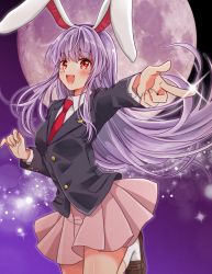 Rule 34 | 1girl, :d, animal ears, black jacket, blazer, blush, breasts, brown footwear, collared shirt, commentary, cowboy shot, dress shirt, finger gun, floating hair, foot out of frame, full moon, glint, gradient background, jacket, light particles, light purple hair, long hair, long sleeves, looking at viewer, medium breasts, miniskirt, moon, necktie, okawa friend, open mouth, outstretched arm, pink skirt, pleated skirt, purple background, rabbit ears, red eyes, red necktie, reisen udongein inaba, shirt, shoes, skirt, smile, socks, solo, sparkle, touhou, very long hair, white shirt, white socks, wing collar