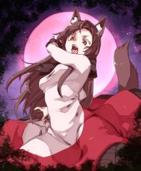 Rule 34 | 1girl, akagashi hagane, angry, animal ears, brown hair, dress, fangs, full moon, imaizumi kagerou, long hair, long sleeves, looking down, moon, night, open mouth, red eyes, red moon, solo, tail, touhou, wolf ears, wolf tail