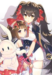 Rule 34 | 2girls, :o, animal bag, bare shoulders, black cape, black sleeves, blush, bow, breasts, brown eyes, brown hair, cape, child, commentary request, cona kinaco, detached sleeves, girls&#039; frontline, hair between eyes, hair bow, highres, long hair, long sleeves, looking at viewer, looking back, m99 (girls&#039; frontline), medium breasts, multicolored cape, multicolored clothes, multiple girls, parted lips, rabbit bag, red bow, red cape, red eyes, shirt, skirt, sleeveless, sleeveless shirt, star (symbol), twintails, type 97 (girls&#039; frontline), very long hair, white background, white shirt, white skirt