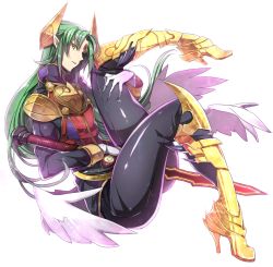 Rule 34 | 1boy, androgynous, ark mateus, armor, boots, cape, daimaou ark, forehead jewel, gloves, green hair, high heel boots, high heels, horns, leg lift, long hair, male focus, pointy ears, shinrabanshou, shoes, simple background, solo, sword, thighs, trap, wadani hitonori, weapon, white background, white gloves, wings, yellow eyes