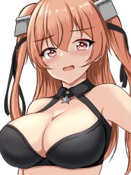 Rule 34 | 1girl, black bra, blush, bra, breasts, brown eyes, highres, johnston (kancolle), kantai collection, light brown hair, long hair, looking at viewer, medium breasts, montemasa, off shoulder, open mouth, simple background, solo, two side up, underwear, united states medal of honor, upper body, white background