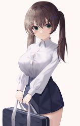 Rule 34 | &gt;:(, 1girl, absurdres, alpha beast, bag, blue eyes, breasts, brown hair, button gap, buttons, collared shirt, cowboy shot, green eyes, grey background, hair between eyes, high collar, highres, holding, holding bag, large breasts, light blush, long hair, long sleeves, looking at viewer, miniskirt, original, pleated skirt, school bag, school uniform, shirt, shirt tucked in, simple background, skirt, solo, tented shirt, twintails, v-shaped eyebrows, white shirt