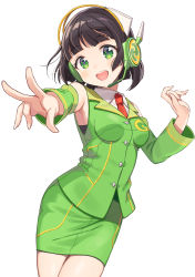 Rule 34 | 1girl, :d, armpits, black hair, blouse, blush, breasts, collared shirt, foreshortening, green eyes, green skirt, hand up, head tilt, headset, highres, kyomachi seika, looking at viewer, medium hair, necktie, official art, open mouth, outstretched hand, pencil skirt, red necktie, shigure ui, shirt, simple background, skirt, small breasts, smile, solo, standing, voiceroid, white background, white shirt