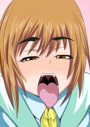 Rule 34 | 1girl, blazer, blush, brown hair, fangs, highres, jacket, looking at viewer, necktie, open mouth, orange eyes, original, revolver (titin), short hair, solo, tongue, tongue out, uvula