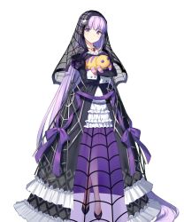 Rule 34 | 1girl, absurdly long hair, black footwear, closed mouth, costume, dress, expressionless, female focus, fire emblem, fire emblem: the binding blade, fire emblem heroes, frilled dress, frills, full body, halloween, halloween costume, highres, holding, holding toy, jewelry, lolita fashion, long dress, long hair, long sleeves, looking at viewer, matching hair/eyes, necklace, nintendo, official alternate costume, official art, puffy sleeves, purple eyes, purple hair, see-through, solo, sophia (fire emblem), spider web print, standing, stuffed toy, toy, transparent background, urata asao, veil, very long hair, wrist cuffs