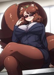 Rule 34 | 1girl, brown hair, business suit, crossed legs, formal, futatsuiwa mamizou, highres, leaf, leaf on head, littlecloudie, mib mamizou, office lady, pencil skirt, raccoon girl, raccoon tail, skirt, skirt suit, solo, suit, tail, touhou