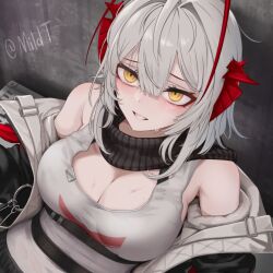 1girl antenna_hair antennae arknights black_jacket black_scarf breasts clenched_teeth demon_girl demon_horns doctor_(arknights) grey_hair holding horns jacket large_breasts looking_at_viewer mildt open_clothes open_jacket red_horns scarf short_hair smile solo sweat tank_top teeth w_(arknights) white_tank_top yellow_eyes