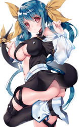 Rule 34 | 1girl, ass, bare shoulders, belt, black thighhighs, blue hair, blush, boots, breasts, choker, cleavage, cleavage cutout, clothing cutout, collarbone, dizzy (guilty gear), guilty gear, guilty gear x, guilty gear xx, hair between eyes, hair ribbon, hair rings, highres, hime gyo, large breasts, long hair, long sleeves, looking at viewer, midriff, monster girl, navel, open mouth, puffy long sleeves, puffy sleeves, red eyes, ribbon, skindentation, solo, tail, tail ornament, tail ribbon, thick thighs, thigh strap, thighhighs, thighs, twintails, underboob, yellow ribbon