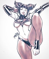 Rule 34 | 1girl, bare shoulders, bracelet, breasts, capcom, detached sleeves, drill hair, feet, halterneck, han juri, highres, jewelry, large breasts, midriff, navel, no pants, one eye closed, pantyhose, revealing clothes, robaato, signature, solo, spiked bracelet, spikes, street fighter, street fighter iv (series), tongue, tongue out, traditional media, twin drills, underboob