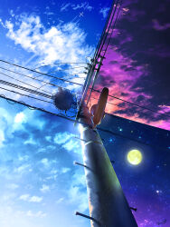 Rule 34 | absurdres, aircraft, airplane, blue sky, cloud, contrail, day, evening, highres, moon, night, no humans, original, outdoors, power lines, purple sky, scenery, signature, sky, sky focus, smile (qd4nsvik), star (sky), starry sky, utility pole