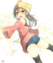 Rule 34 | 1girl, animal bag, animal hat, ass, badge, bag, bare shoulders, beanie, black shirt, black thighhighs, brown eyes, brown hair, button badge, cat bag, cat hat, chita (ketchup), flat ass, hair between eyes, handbag, hat, highres, kneepits, long hair, long sleeves, looking back, off-shoulder, off-shoulder sweater, off shoulder, original, outstretched arms, over-kneehighs, pink sweater, shirt, short shorts, shorts, sleeves past wrists, smiley face, solo, sweater, thighhighs, twitter username, white background