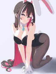 Rule 34 | 1girl, absurdres, animal ears, azki (hololive), bare shoulders, black hair, black leotard, black pantyhose, blush, breasts, cleavage, closed mouth, colored inner hair, detached collar, fake animal ears, fake tail, highres, hololive, large breasts, leotard, loeldrive, long hair, multicolored hair, pantyhose, pink hair, playboy bunny, purple eyes, rabbit ears, rabbit tail, shirt, solo, strapless, strapless leotard, streaked hair, tail, virtual youtuber, white shirt, wrist cuffs