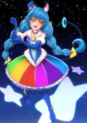 Rule 34 | 1girl, absurdres, animal ears, bad id, bad pixiv id, blue hair, boots, braid, cat ears, cat tail, cure cosmo, elbow gloves, full body, furry, furry female, gloves, highres, long hair, multicolored hair, pink hair, precure, solo, star twinkle precure, tail, thigh boots, thighhighs, twin braids, user ctfu2457, very long hair, yellow eyes, yuni (precure)