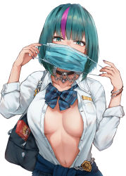 Rule 34 | 1girl, badge, bag, black bag, bow, bowtie, bracelet, breasts, button badge, chain, choker, clothes around waist, eyeshadow, fingernails, food, green eyes, green hair, gyaru, heart, heart choker, highres, holding, holding mask, jewelry, kogal, large breasts, long fingernails, makeup, mask, medium hair, mouth mask, multicolored hair, nail polish, navel, no bra, original, pocky, purple eyeshadow, purple hair, purple nails, school uniform, simple background, solo, streaked hair, striped bow, striped bowtie, striped clothes, striped neckwear, surgical mask, sweater, sweater around waist, taiu, uniform, white background, zipper pull tab