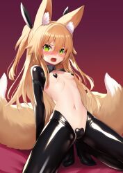 Rule 34 | 1girl, animal ear fluff, animal ears, black footwear, black pantyhose, blonde hair, blush, breasts, fang, fox ears, fox girl, fox tail, green eyes, heart maebari, heart pasties, high heels, highres, kneeling, kokonoe tsubaki, long hair, long sleeves, looking at viewer, maebari, meme attire, multiple tails, navel, nose blush, open mouth, original, pantyhose, pasties, reverse bunnysuit, reverse outfit, shiny clothes, shrug (clothing), small breasts, solo, spread legs, stomach, surprised, tail, two side up, two tails, yoshizawa tsubaki