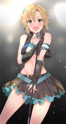 Rule 34 | &gt;:d, 10s, 1girl, :d, armband, bad id, bad twitter id, bare shoulders, brown hair, buckle, detached sleeves, gradient background, green eyes, hareno chiame, headphones, idolmaster, idolmaster cinderella girls, microphone, microphone stand, midriff, navel, open mouth, short hair, skirt, smile, solo, tada riina, v-shaped eyebrows, vest
