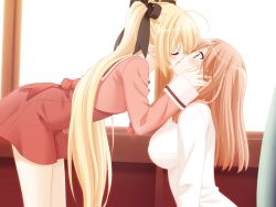 Rule 34 | 2girls, age difference, bent over, blonde hair, blush, breasts, child, closed eyes, couple, game cg, green eyes, hair ribbon, hands on another&#039;s face, houraisen runa, impossible clothes, impossible shirt, kani biimu, kiss, leaning forward, long hair, multiple girls, office lady, onee-loli, profile, ribbon, school uniform, shirt, sono hanabira ni kuchizuke wo, suminoe takako, surprised, teacher, teacher and student, twintails, yuri