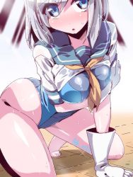 Rule 34 | 10s, 1girl, blue eyes, competition swimsuit, gloves, hamakaze (kancolle), kantai collection, miuku (marine sapphire), one-piece swimsuit, open mouth, school uniform, serafuku, short hair, silver hair, solo, squatting, swimsuit, swimsuit under clothes, wet