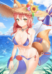 Rule 34 | 1girl, absurdres, animal ear fluff, animal ears, bad id, bad pixiv id, ball, bare arms, bare shoulders, beachball, bikini, blue bikini, blue sky, breast hold, breasts, brown eyes, cleavage, cloud, collarbone, contrail, cowboy shot, day, ears through headwear, fate/grand order, fate (series), flower, fox ears, fox girl, fox tail, hat, hat flower, highres, holding, horizon, innertube, jewelry, large breasts, long hair, looking at viewer, navel, necklace, ocean, outdoors, pink hair, plant, see-through, shirt, short sleeves, side-tie bikini bottom, sky, smile, solo, sparkle, standing, stomach, straw hat, sunflower, swim ring, swimsuit, tail, tamamo (fate), tamamo no mae (fate/extra), tamamo no mae (swimsuit lancer) (fate), tamamo no mae (swimsuit lancer) (second ascension) (fate), thigh gap, thighs, verena, water, wet, wet clothes, wet shirt