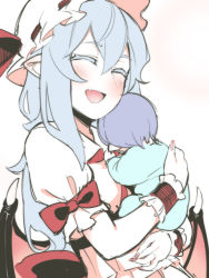Rule 34 | 1girl, 1other, :d, alternate hair length, alternate hairstyle, asutora, baby, bat wings, blue hair, blush, carrying, closed eyes, fang, fingernails, happy, hat, jewelry, mob cap, mother and child, open mouth, pointy ears, puffy short sleeves, puffy sleeves, purple hair, remilia scarlet, ring, short sleeves, simple background, smile, touhou, wedding band, white background, white headwear, wings, wrist cuffs